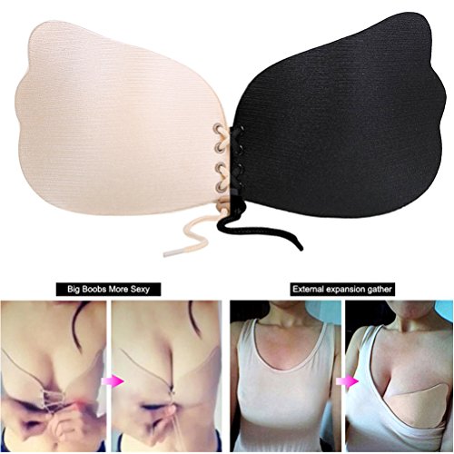 Pushup Bra 2 Pack Self-Adhesive Bra Strapless Invisible Backless Plunge Bra (D 2, Nude and Black)