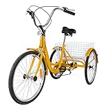 Popsport 24 Inch Adult Tricycle 6/7 Speed 3 Wheel Trike Cruise Bike Cruise Cargo Bike with Large Basket for Riding (Yellow 6 Speed)
