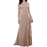 Mother of The Bride Dresses-Long Evening Formal Dress 3/4 Sleeve Lace Applique Ruffles
