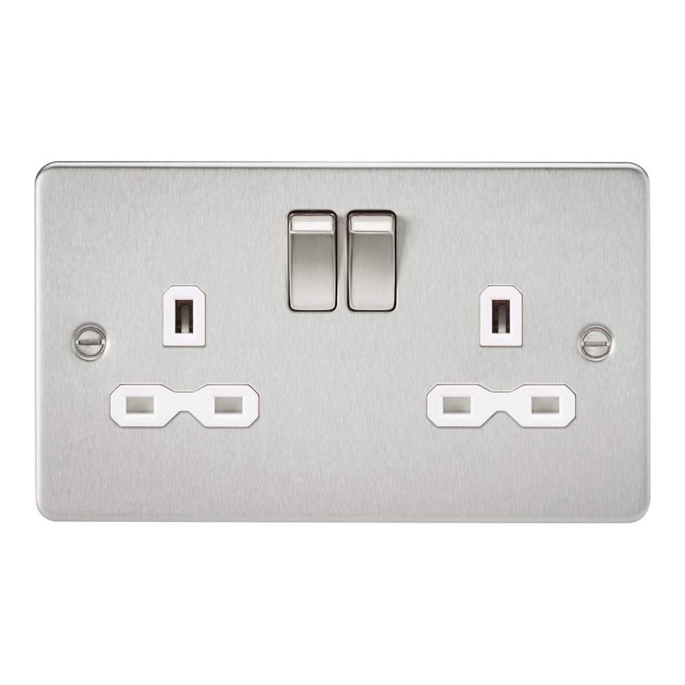 Knightsbridge FPR9000BCW Flat Plate DP Switched Socket, Brushed Chrome with White Insert, 13 A, 2G