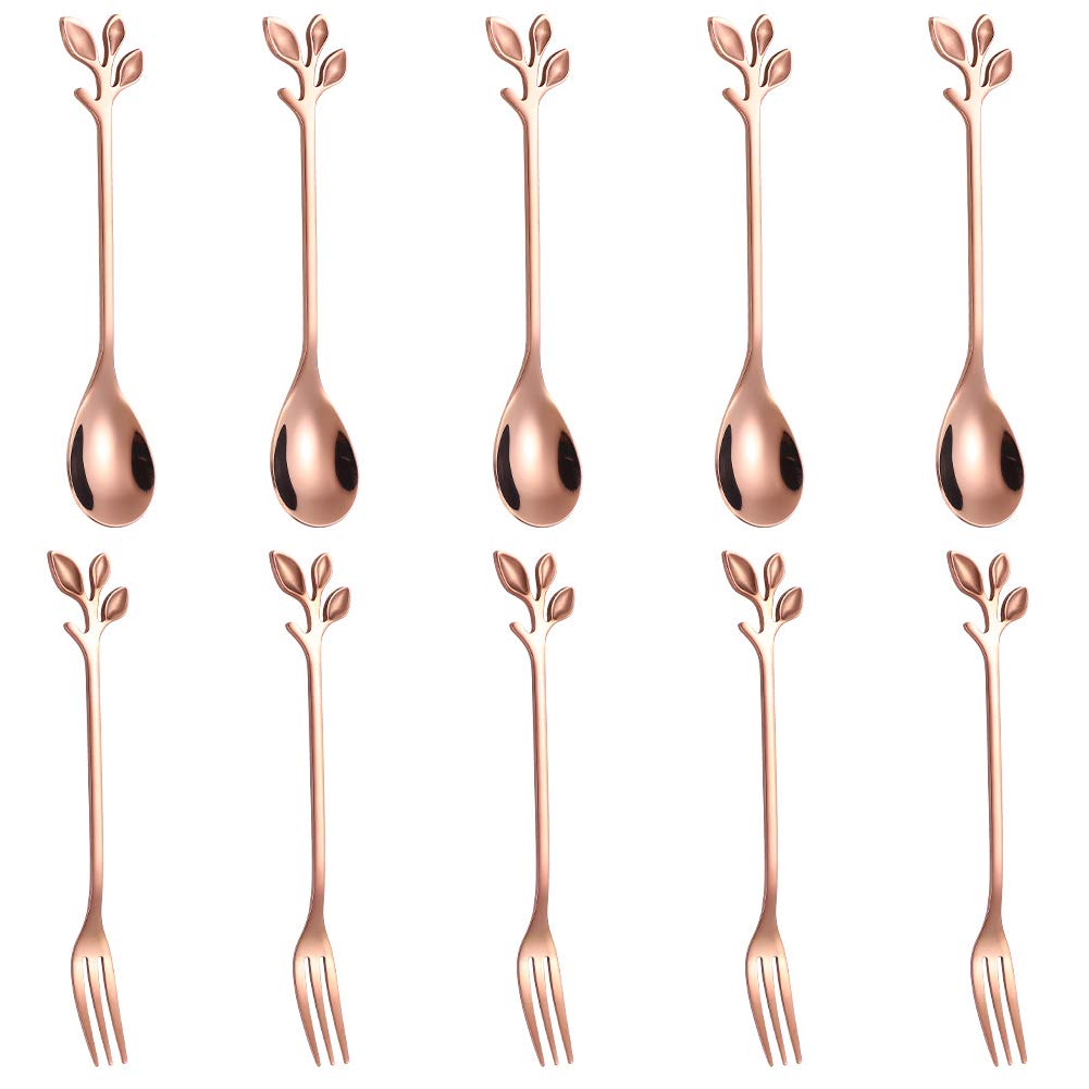 AnSaw 10-Pc Rose Gold Mini Spoons & Forks Set, 4.7" - Stainless Steel, Leaf Handle, Ideal for Coffee,Tea, Appetizers, Tastings, Parties, Charcuterie & Cocktails