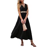 CUPSHE Women's Summer Dresses V Neck Bohemian Sleeveless Embroidered Waist Smocked Maxi Dress