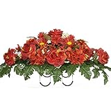 Sympathy Silks Artificial Cemetery Flowers Saddle-Arrangement - Red Roses & Hydrangeas Silk Fake Flowers for Outdoor Grave-Decorations - Non-Bleed Colors, Easy Fit