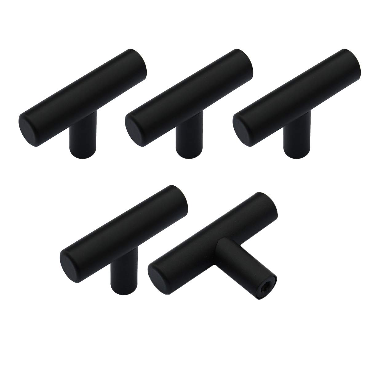 5 Pack - Upgrade Single Hole Flat Black Cabinet Knobs 2in 50mm Length, Euro T Style Drawer Pulls Stainless Steel Kitchen Furniture Hardware Round Tube Cupboard Door Handles