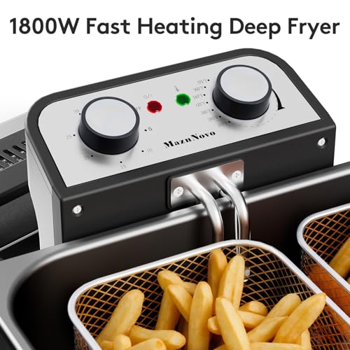 MaznNovo 1800W Deep Fryer with 3 Basket, 5.3QT/21Cup Electric Oil Fryer for Home Use with See-through Window Lid, Adjustable Temperature (Metal Silvery)