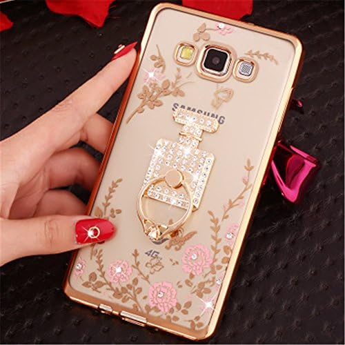 Galaxy C7 Case,Secret Garden Butterfly Floral Bling Swarovski Rhinestone Diamond Rotating Ring Stand Holder Case for Samsung Galaxy C7(Gold-Pink Perfume)
