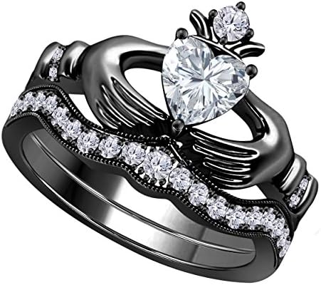 SRJEWELS Women's 14k Gold Rhodium Plated Alloy White/Yellow/Rose/Black 1.00CT Heart Cut Cubic Zirconia Wedding Band & Crown Engagement Claddagh Bridal Ring Set Jewelry