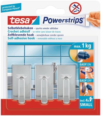 tesa UK Powerstrips Hooks Small RECTANGLE/CHROME EFFECT Removable Self-Adhesive Wall Hook for Glass Tiles, Wood