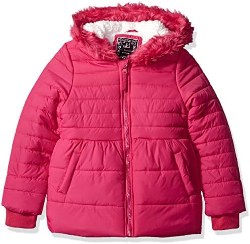 Ok Kids Big Girls' Quilted Jacket With Faux Fur Trim On Hood, Fuchsia, 14
