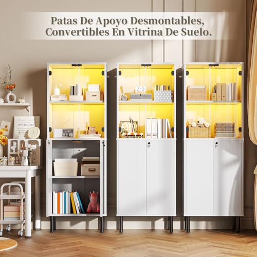 Simple Wisdom Vitrina Exhibidor,Vitrina con Puerta de Cristal y LED en la Parte Superior y Armario con Cerradura en la Parte Inferior,Librero Organizador,Archivero(Blanco, 182X60 CM)