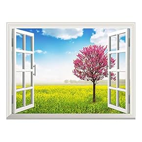 Removable Wall Sticker/Wall Mural - Blooming Tree in The Rapeseed Field | Creative Window View Wall Decor - 24"x32"