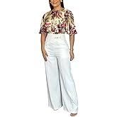 CHICME Womens Summer 2 Piece Outfit Bell Sleeves Floral Blouse with High Waist Pants Set Party Outfits