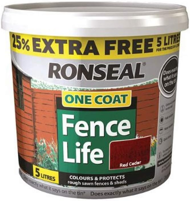 Ronseal 4L One Coat Fencelife Paint - Red Cedar Sheds Fences Timber Protection