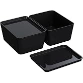 Black Storage Containers With Lids, Small Home Organization Plastic Box | Stackable 2 pieces office bins appliance totes rectangular bathroom opaque
