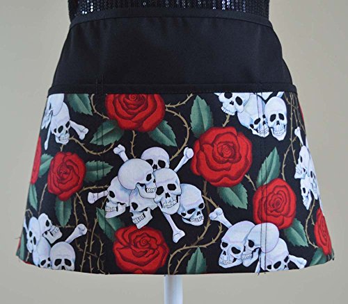 3 pockets waist apron kitchen cooking restaurant bistro craft garden half aprons for men bakers servers waitress carftsman waiter skulls with roses beautiful goth print (black)