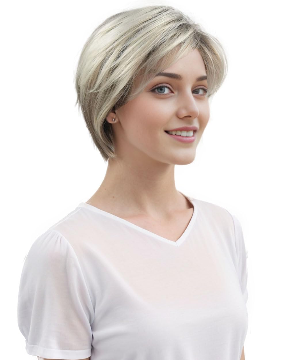 Royalfirst Short Black Root Ombre Blonde Wigs Mixed Color Heat Resistant Synthetic Wigs for Women