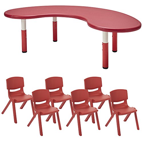 ECR4Kids 65" Kidney Resin Activity Table with Six 12" Resin Chairs - Indoor/Outdoor Kids Seating Set for Classrooms, Daycares, Playgrounds, Red (Pack of 7)
