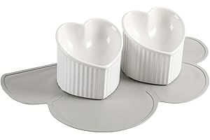 HCHLQLZ Elevated Cat Food Bowl Set - Double Tilted Cat Bowls with Non Slip Mat - Raised Ceramic Cat Bowl Set - Cute Wide Cat Feeding Bowls Whisker Friendly - Tall Cat Dishes Anti Vomiting - White & White