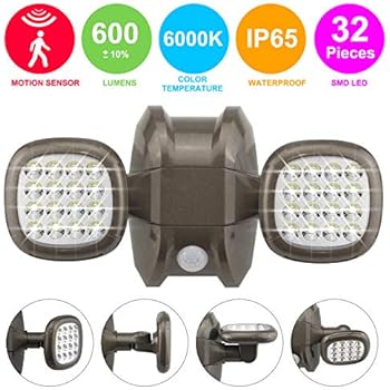 HONWELL Battery Operated LED Motion Sensor Light Outdoor Dual Head Spotlight Wireless Wall Light Waterproof Flood Light, Motion Detector Lights for Outside Backyard Garden Patio Porch-Brown