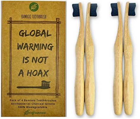 Ecofrenzee Organic Charcoal Infused Bamboo Toothbrush Pack of 4 BPA free bristle Biodegradable Eco-friendly packaging Handmade (Rounded)