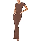 REORIA Women's Basic Summer Casual Lounge Long Dress Elegant Short Sleeve Crew Neck Bodycon Maxi Dresses