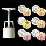 GDGY 6+1 Chinese Flowers Pattern Mooncake Mold Candy Pineapple Cake Cookie DIY Baking mold/3D Rose Flower Mooncake Mold Hand Pressure Mould 1 Barrel 6 Stamps DIY Cake Decoration Tool