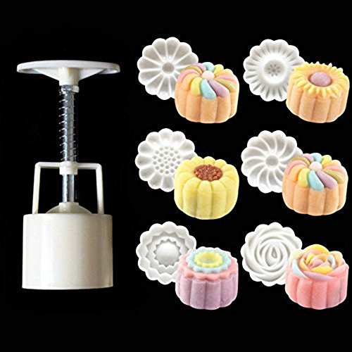 GDGY 6+1 Chinese Flowers Pattern Mooncake Mold Candy Pineapple Cake Cookie DIY Baking mold/3D Rose Flower Mooncake Mold Hand Pressure Mould 1 Barrel 6 Stamps DIY Cake Decoration Tool