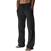 PIDOGYM Mens Cotton Linen Pants, Summer Beach Pants Casual Loose Fit with Elastic Waist Drawstring