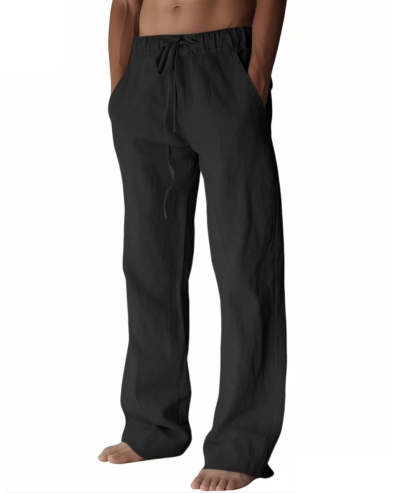 Photo 1 of PIDOGYM Mens Cotton Linen Pants, Summer Beach Pants Casual Loose Fit with Elastic Waist Drawstring Black
