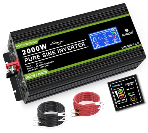 NOVOPAL Pure Sinus 2000W Inverter Converter 12V 230V with Remote Control and Dual AC Sockets and LCD Screen, for Car, Caravan, Boat, Camping, Travel
