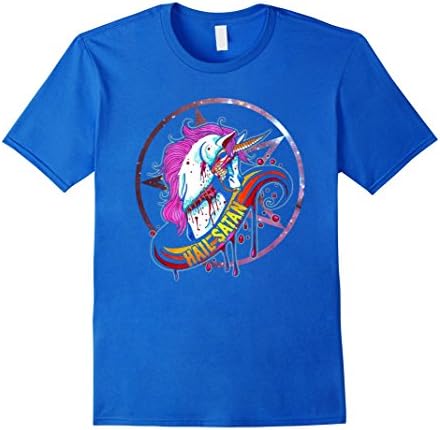 Mens Unicorn hail satan death metal tshirt Funny Halloween shirt Small Royal Blue