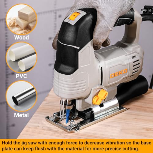 Electric Jigsaw: DEKOPRO 550W Wood Saw with 6 Variable Speeds from 800 to 3000 Cuts per Minute with LED Light, ±45° Inclined Cutting and 8 Blades for Wood, Metal and Plastic