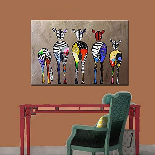 XIANRENGE 100% Pure Hand Painted Abstract Oil Painting,Colorful Zebra Animal Cartoon Modern Large Size Pop Wall Art Picture Crafts,For Home Life Children'S Room Decor,110X140Cm
