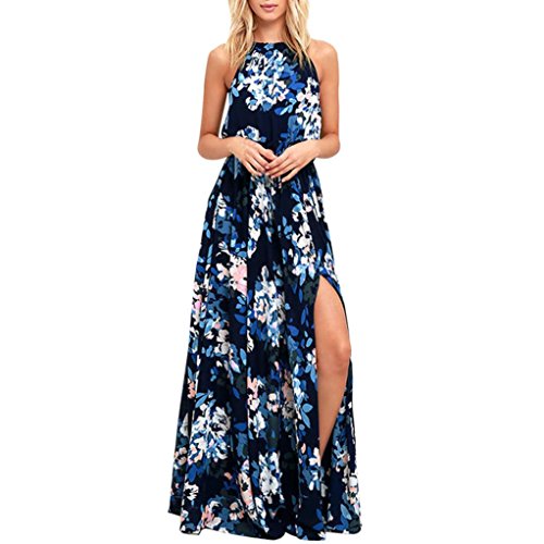 Lightning Deals Maxi Dress Fashion Women O-neck Sleeveless Flower Printed Irregular Loose Long Dress (navy, XL)