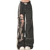 kakarin choyx Fashion High Waist Baggy Wide Leg Fringe Ripped Jeans Y2K Vintage Casual Straight Denim Pants with Pocket