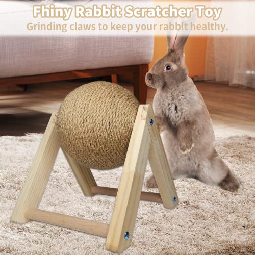 Fhiny Rabbit Scratch Toy, Natural Solid Wood Sisal Scratching Ball for