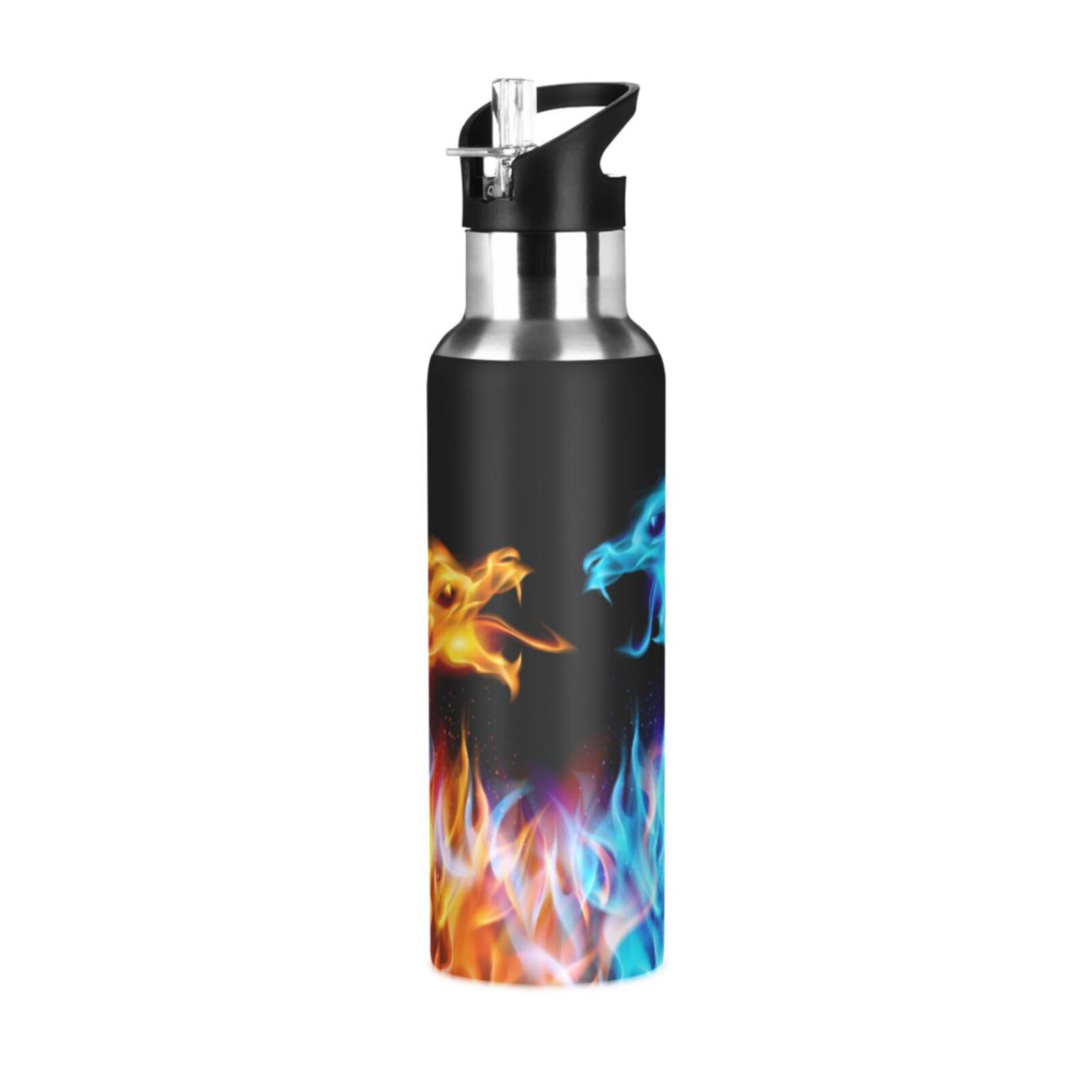 Mnsruu 20 Oz Water Bottle with Straw Fire Dragons Stainless Steel Water Bottle for Traveling Sports Leakproof Insulated Water Bottle