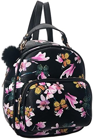 XB HANDBAG Girls Ladies' Backpack Flower Design Day-pack Faux Leather Purse Everyday Chic Casual Backpack School Bag and Travel Bag (Black-A)
