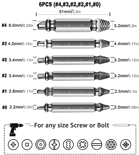 MBBEST Damaged&Stripped Screw Extractor Remover Tool and Drill Bit kit,Broken Bolt Extractor,Made From H.S.S. 4341#, Set of 6 Pcs Stripped Screw Remover
