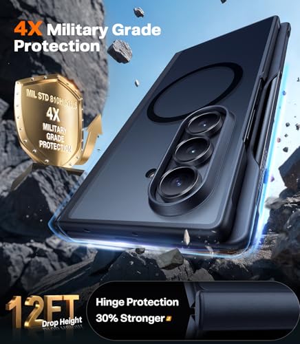 TORRAS Magnetic Shockproof for Samsung Galaxy Z Fold 7 Case with S Pen Holder & Screen Protector, Fit for MagSafe, Mil-Grade Hinge Protection, Translucent Slim Case for Samsung Z Fold 7, Black