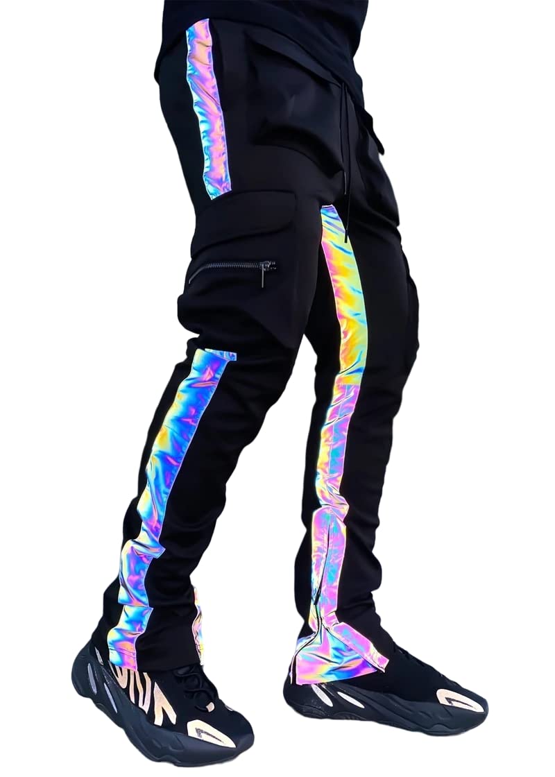 LZLRUN Rainbow Reflective Striped Pants Men Brand Hip Hop Dance Fluorescent Trousers Casual Harajuku Night Sporting Jogger