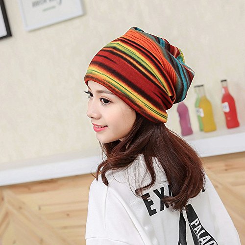 MIS1950s 2-in-1 Multi-Functional Stripe Beanie Hat, Ruffle Scarf, Turban,Head Wrap Cap,Lightweight Fashion Scarves for Women (Orange)