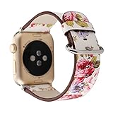 Flower Design Strap for iWatch,38mm 42mm Floral Pattern Printed Leather Wrist Band Apple Watch Link Bracelet for Apple Watch Smartwatch Fitness Tracker Series 3 2 1 Version (White+ Pink 42mm)