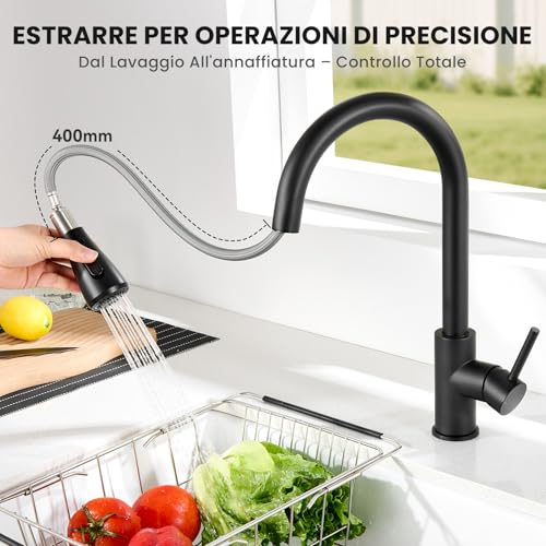 CECIPA Black Kitchen Tap with 2 Types of Modes, Black Kitchen Mixer with Pull-Out Shower 40 cm, Single Lever Mixer Tap in Stainless Steel