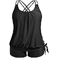 Holipick Women Plus Size Two Piece Tankini Swimsuit Tummy Control Bathing Suits Blouson Tankini Top with Boy Shorts