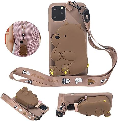 Girlyard for iPhone 11 Pro Max Silicone Case with 3D Cartoon Animal Zipper Wallet Purse Stand Holder Cover and Long Detachable Lanyard Strap Phone Case for iPhone 11 Pro Max 6.5 inch,Brown Bear