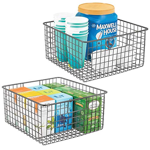 mDesign Farmhouse Decor Metal Wire Food Storage Organizer, Bin Basket with Handles for Kitchen Cabinets, Pantry, Bathroom, Laundry Room, Closets, Garage - 12" x 12" x 6" - 2 Pack - Graphite Gray