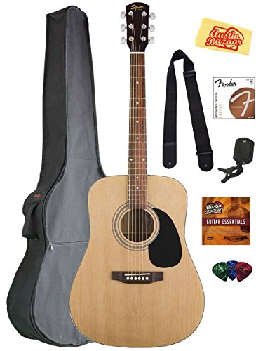 Fender Squier Acoustic Guitar Bundle with Gig Bag, Clip-On Tuner, Extra Strings, Strap, Picks, Austin Bazaar Instructional DVD, and Polishing Cloth - Natural