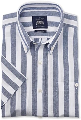 Savile Row Men's Navy White Wide Stripe Linen-Blend Classic Fit Button-Down Short Sleeve Casual Shirt L