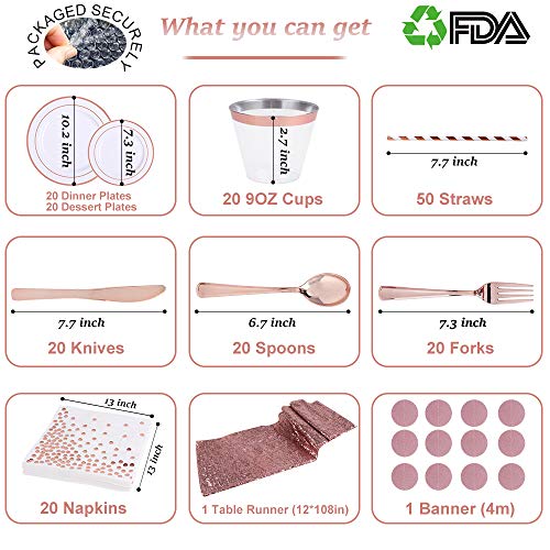 192 PCS 20 Guests Rose Gold Disposable Plastic Tableware Set, BPA Free Plastic Plates Silverware Includes Dinner Plates, Dessert Plates, Plastic Cutlery, Cups, Napkins, Straws, Banner & Table Runner.